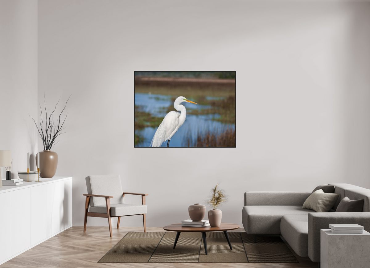 56 x 42″, Acrylic under Glass (Framed) A Great Egret